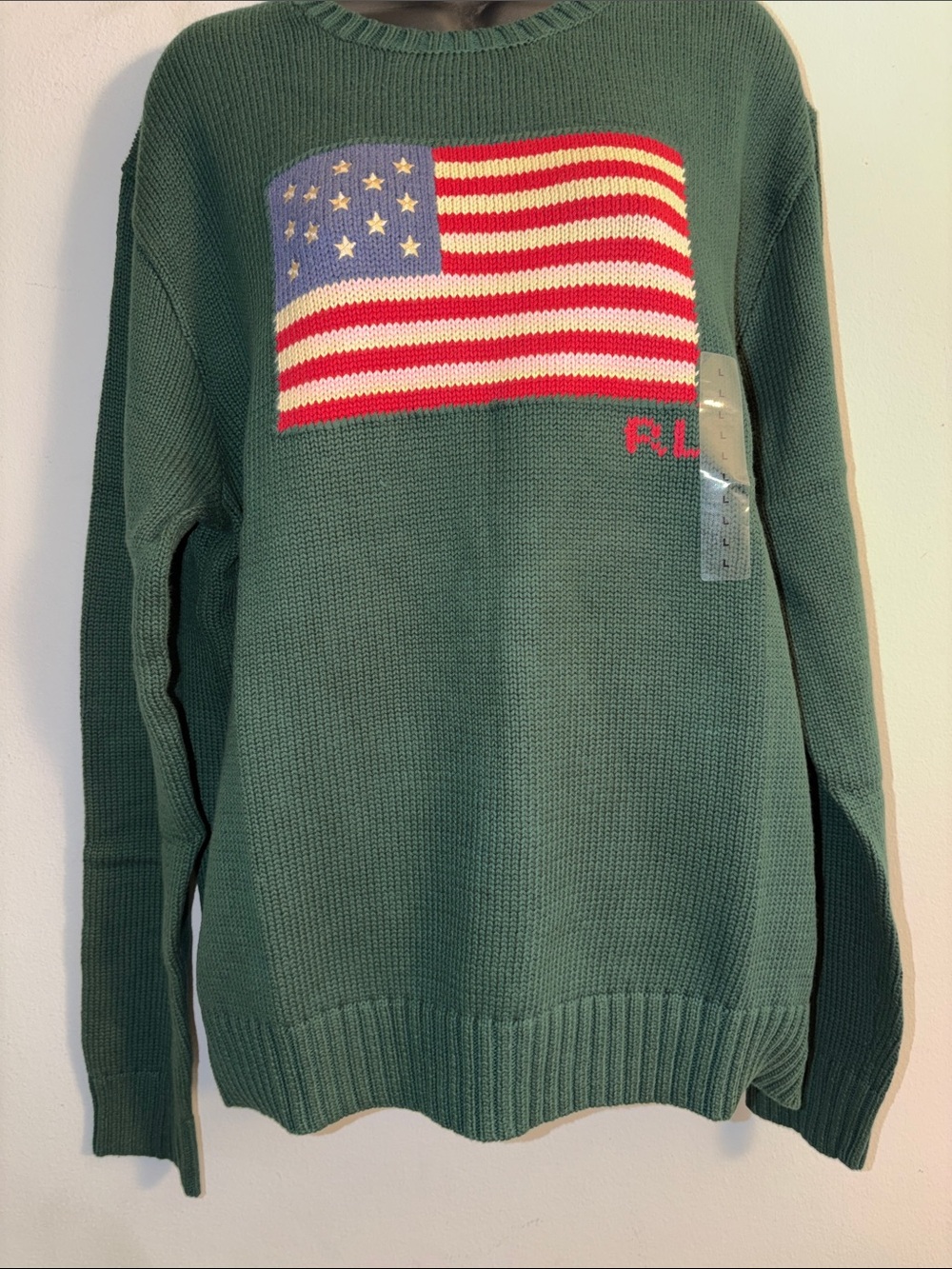 Ralph Lauren Forest Green Crewneck Sweater with American Flag